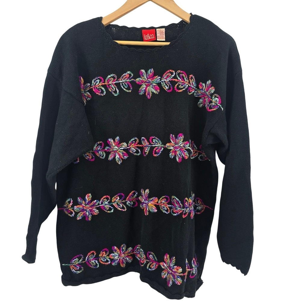 Liz & Co Sweater Womens Small Black Floral Embroidered Scalloped Crew Neck Knit